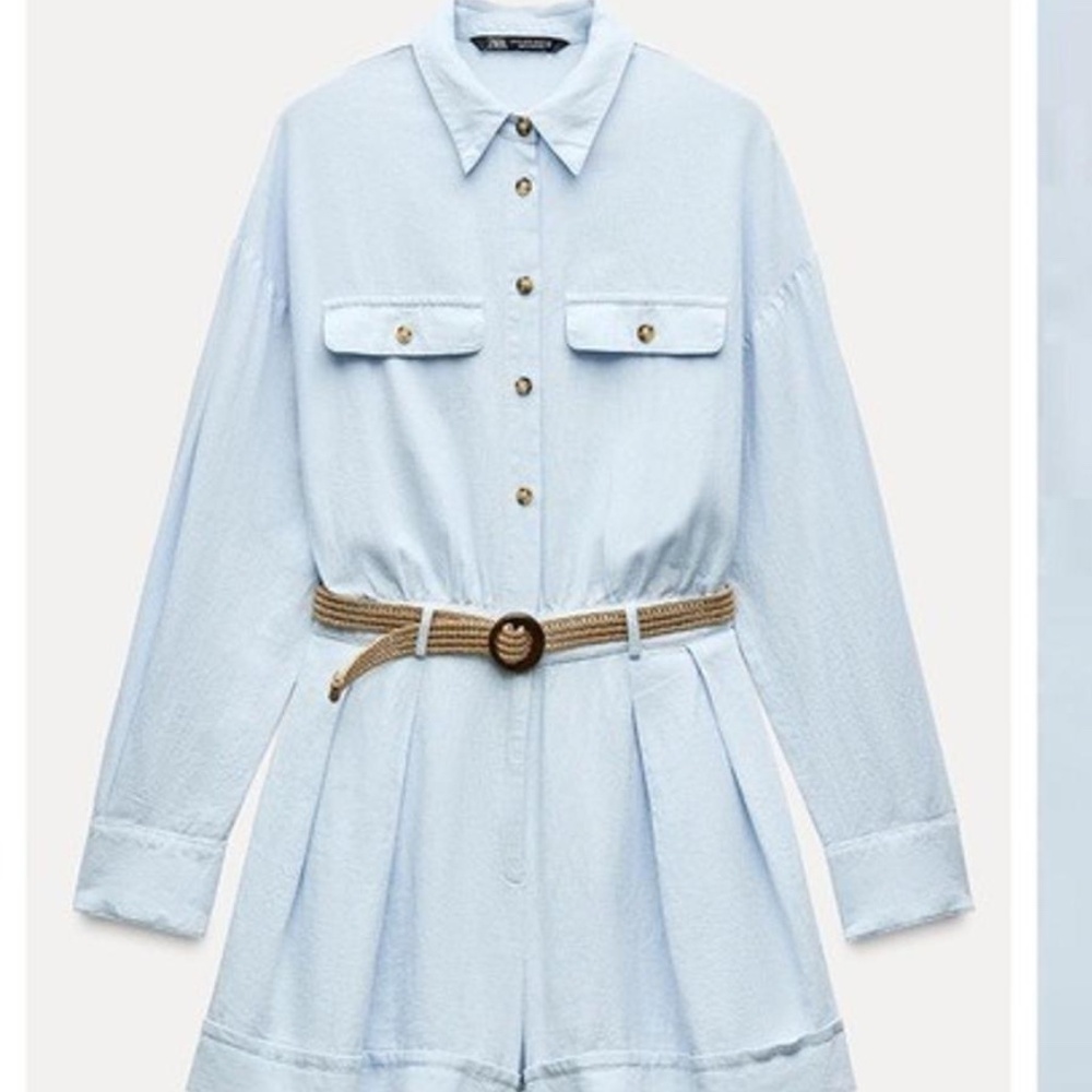 Zara Light Blue Linen Blend Belted romper - size small - Picture 5 of 10